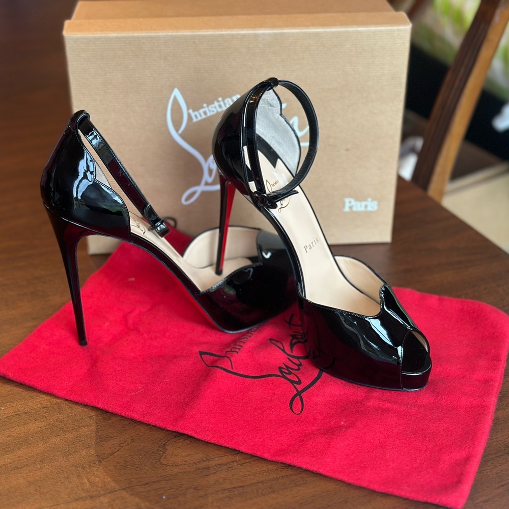 Christian Louboutin Black Patent Peep-Toe Heels
